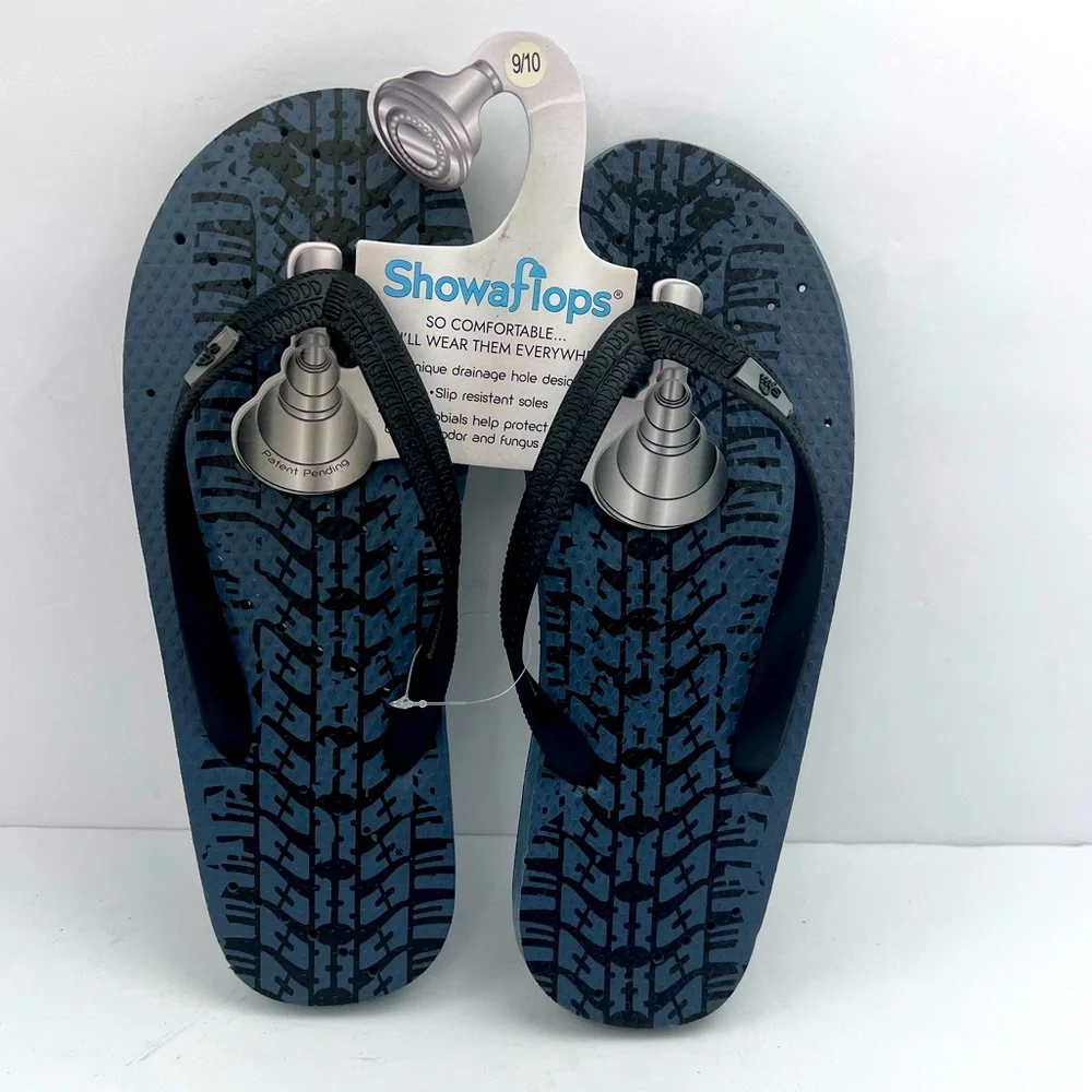 SHOWAFLOPS NON-SKID SHOWER FLIP FLOP W/ATHLETIC STRIPES, DRAIN HOLES, SIZE 9/10